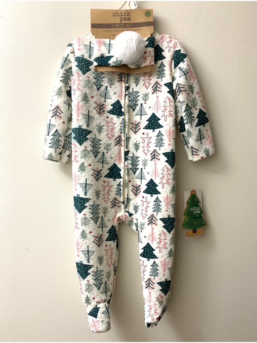 Chickpea Christmas Tree Print Cotton Blend Footed Coverall & Headband Set 6-9mo